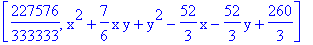 [227576/333333, x^2+7/6*x*y+y^2-52/3*x-52/3*y+260/3]